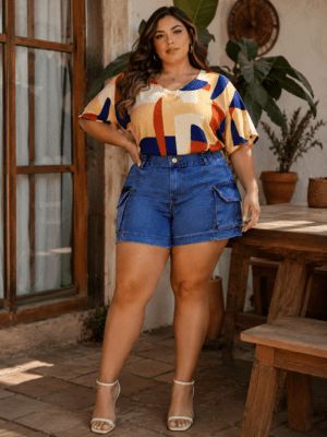 Short Jeans Cargo com Elastano